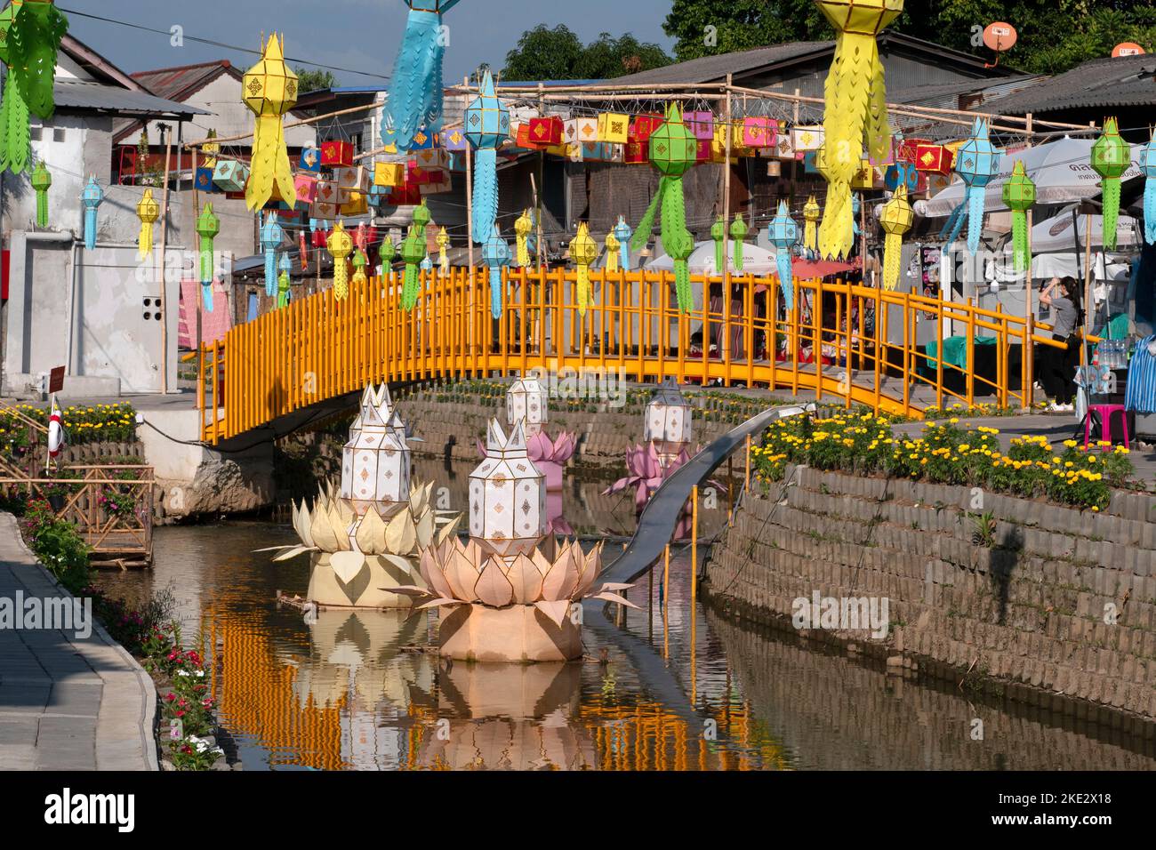 Klong Mae Kha Beautifully decorated on both sides for the Yi Peng or Loy Krathong tradition on November 9, 2022 in Chiangmai, Thailand. Stock Photo