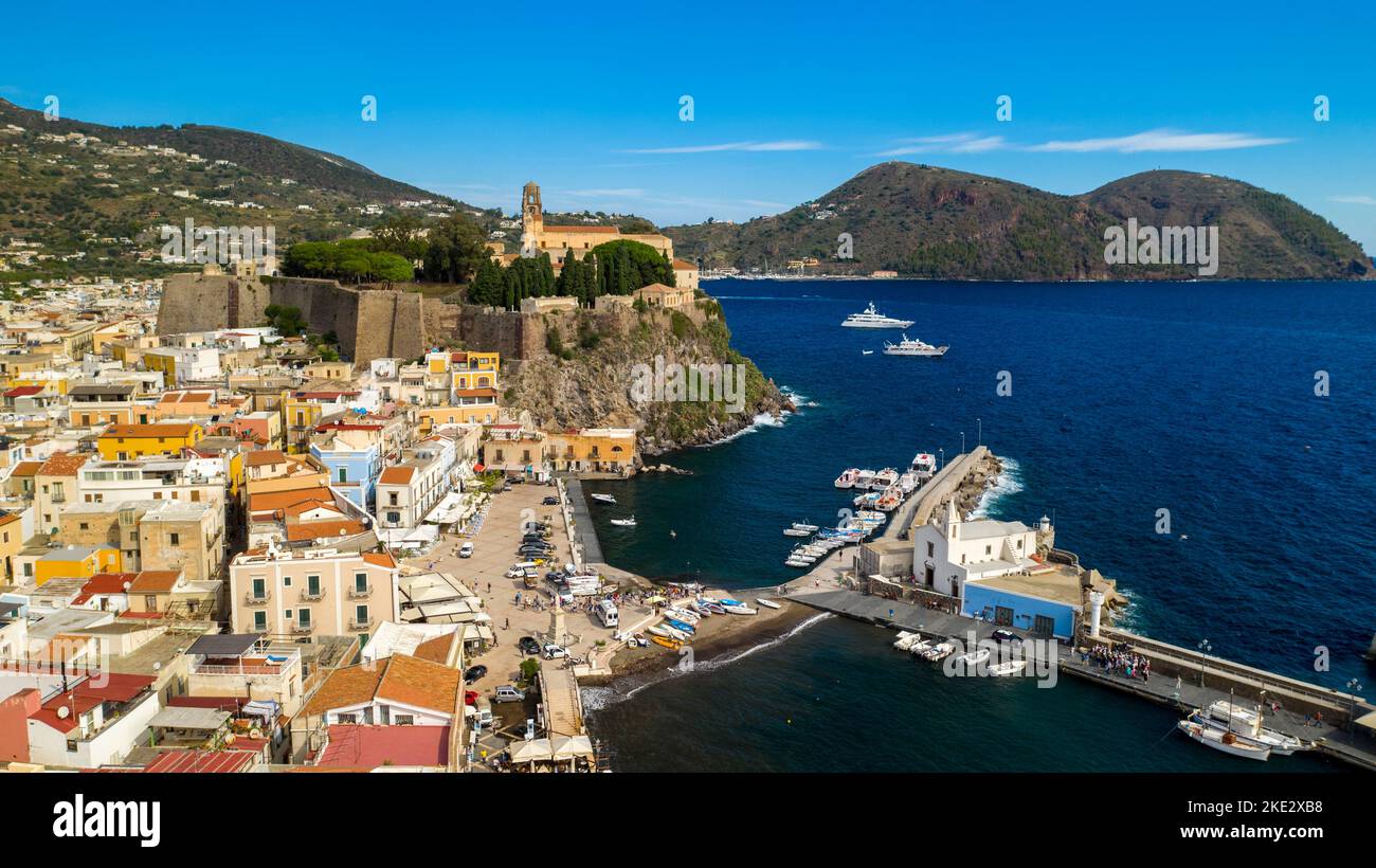 High Angle View Of Lipari Town, and ancient fortress Lipari Island, Aeolian Islands, Italy Stock Photo