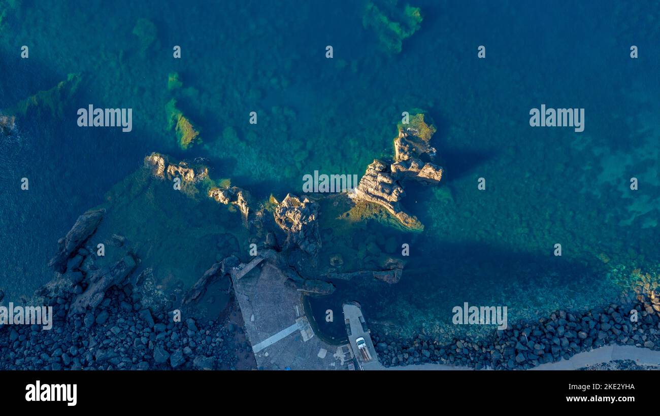 Aerial View,  port, the smallest port in the world. Stromboli island, Mediterranean sea, Sicily, Italy, Europe Stock Photo