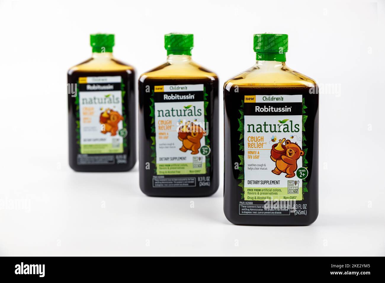 Robitussin children cough relief made from honey and ivy leaf. Stock Photo