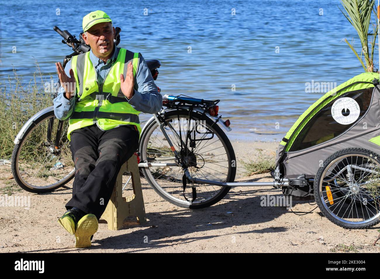 An environmental activist seen during a press interview about his voluntary campaign to clean beaches. Libyan Ali Ragaibi, 52, launched an initiative aimed at cleaning up the waste and garbage scattered on the beaches of Libya to maintain the cleanliness of the country's beaches and in the hope of putting an end to pollution. For 13 years, he has been cleaning up the beach, which he calls the Sea and Sun Campaign, at the end of each summer. The campaign has attracted a large number of followers over the years, and many people are coming to the beach from across the country to do their part, an Stock Photo