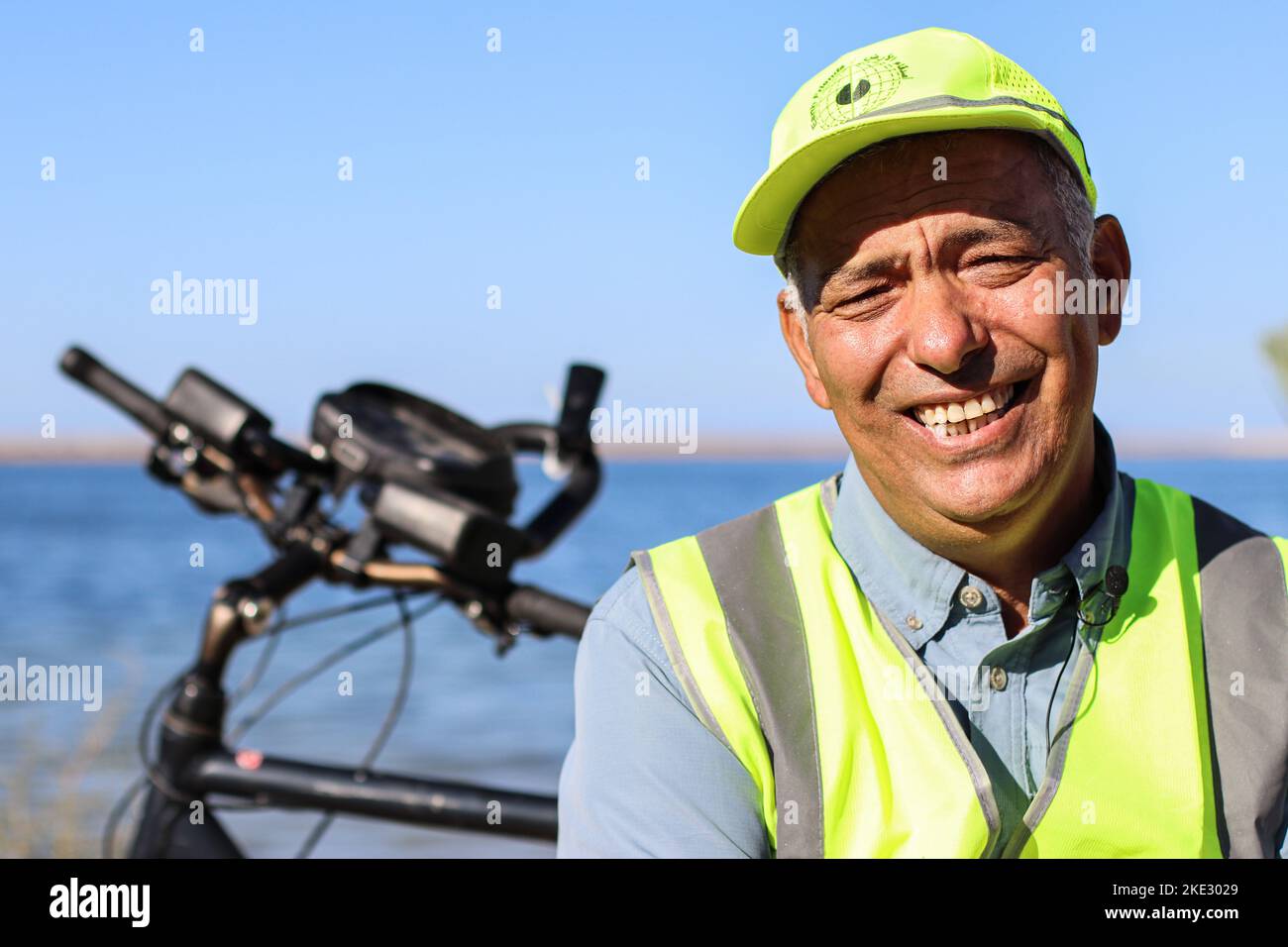 An environmental activist seen during a press interview about his voluntary campaign to clean beaches. Libyan Ali Ragaibi, 52, launched an initiative aimed at cleaning up the waste and garbage scattered on the beaches of Libya to maintain the cleanliness of the country's beaches and in the hope of putting an end to pollution. For 13 years, he has been cleaning up the beach, which he calls the Sea and Sun Campaign, at the end of each summer. The campaign has attracted a large number of followers over the years, and many people are coming to the beach from across the country to do their part, an Stock Photo