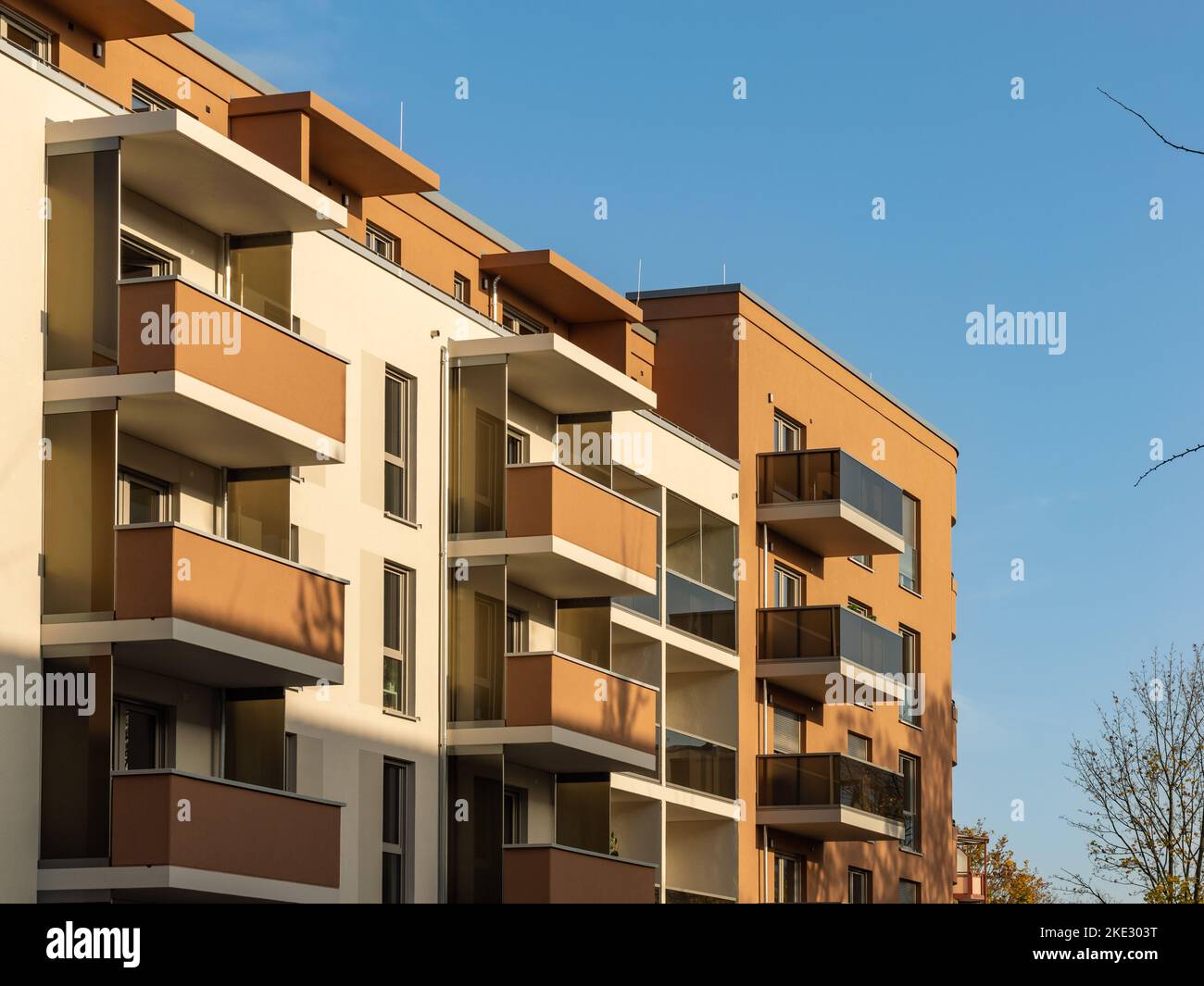 Modern architecture in a residential district in the city. Beautiful flats with balconies in Johannstadt. The apartments are new and expensive. Stock Photo