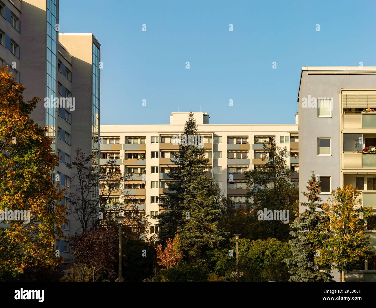 Apartment buildings in a residential area. Balconies are on the exterior. Prefabricated houses are part of the architecture in East Germany. Stock Photo