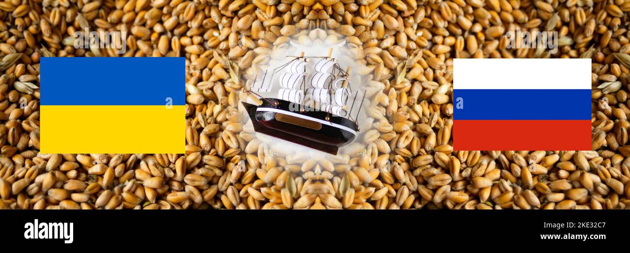 Defocus RussianUkrainian grain deal. Ukraine and Russia flag. High