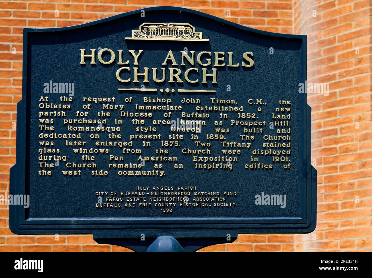 Historic Plaque in front of Holy Angels Church, Buffalo, New York. In