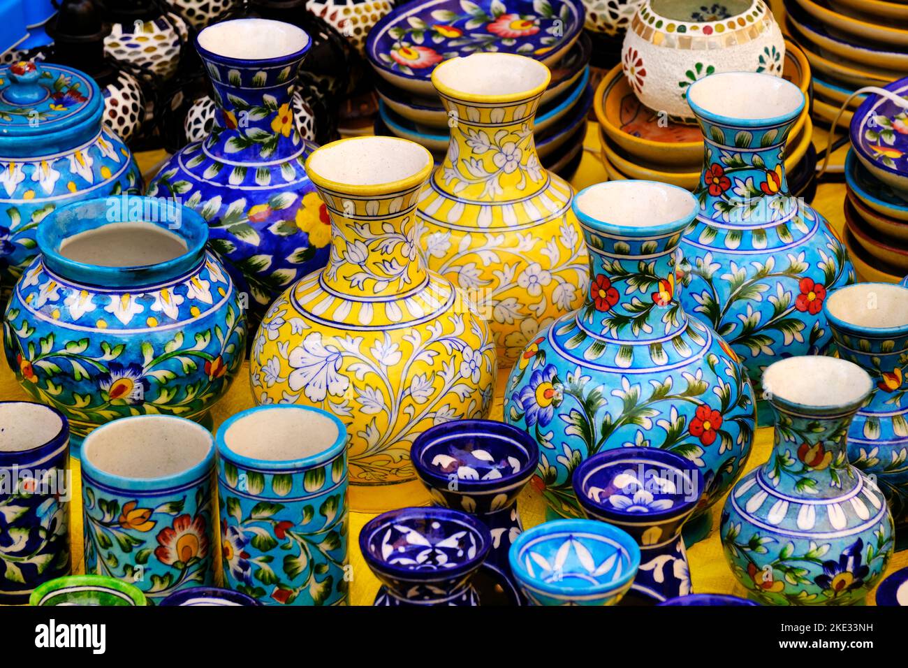 Multicolored Household ceramic items in the Street Market in India