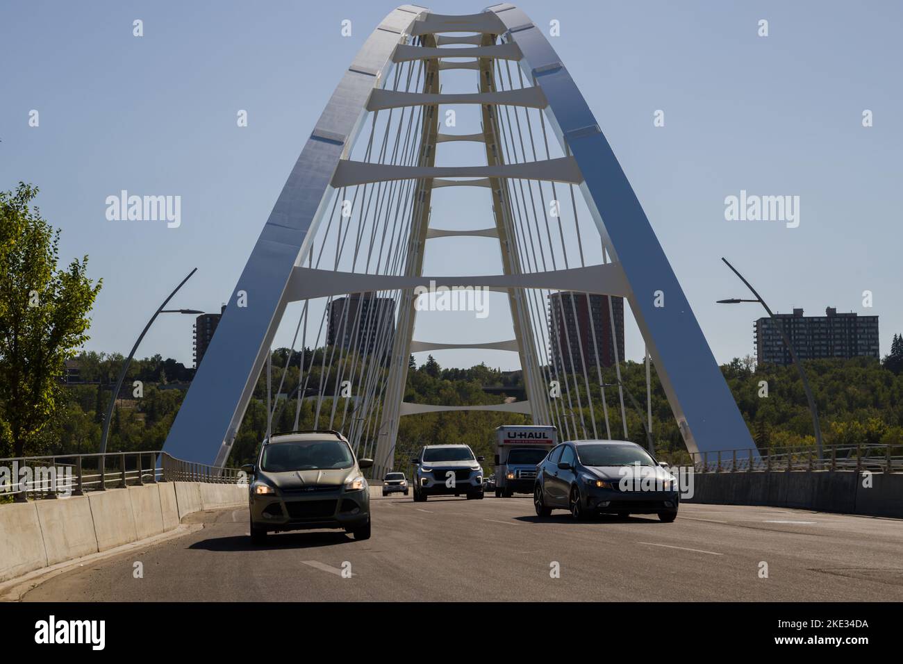Walterdale Bridge over the North Saskatchewan River. Day traffic, summer time. Edmonton, Alberta, Canada Stock Photo