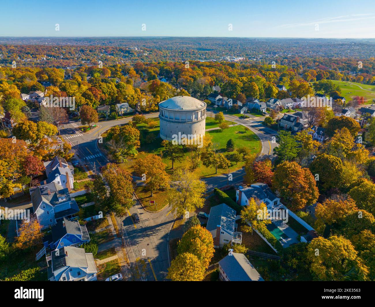 Arlington Reservoir aerial view in fall on Park Circle in town of