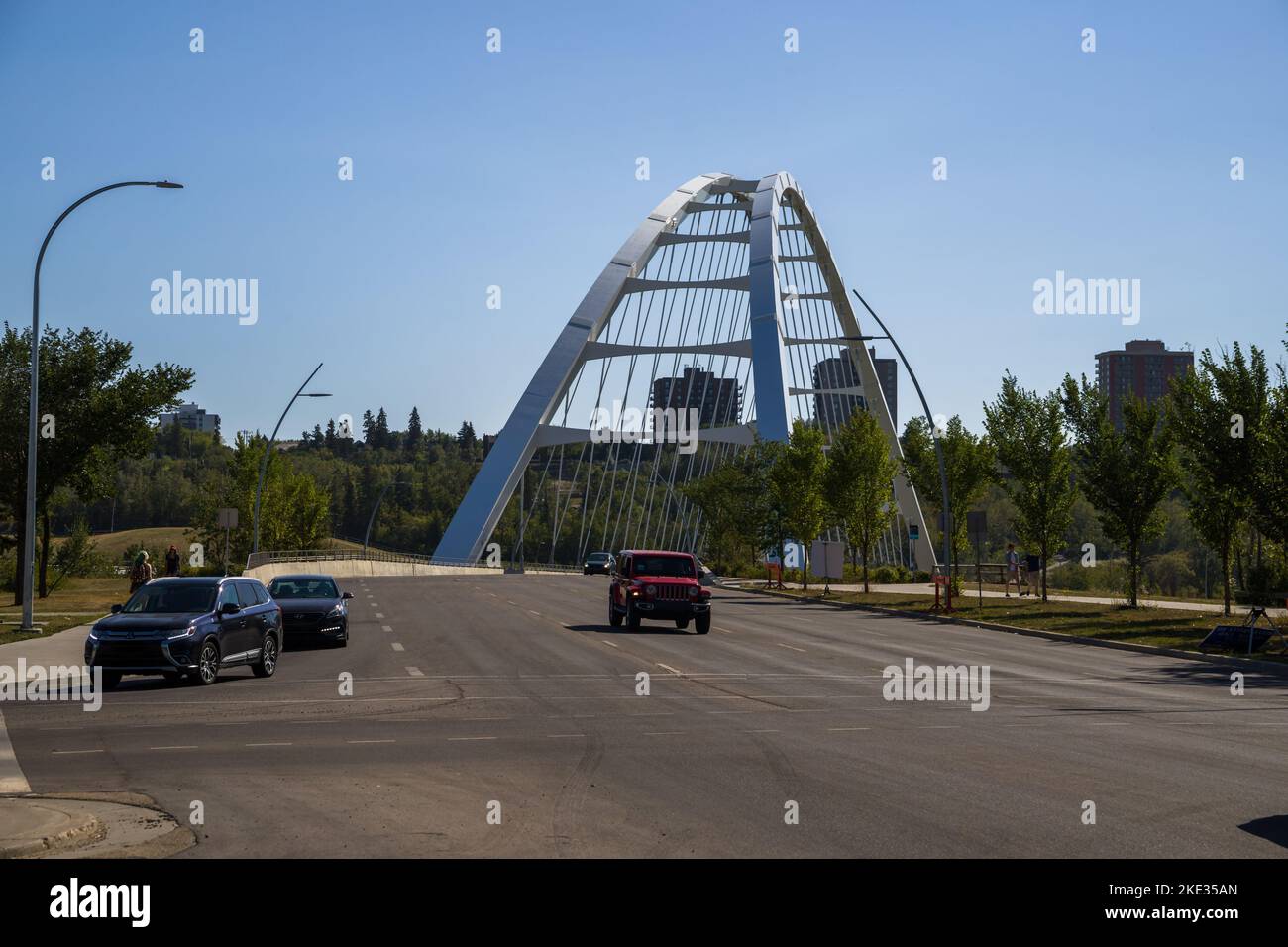 Walterdale Bridge over the North Saskatchewan River. Day traffic, summer time. Edmonton, Alberta, Canada Stock Photo