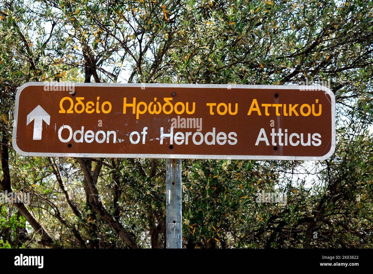 Sign pointing to the Odeon of Herodes Atticus in Athens Greece Stock Photo