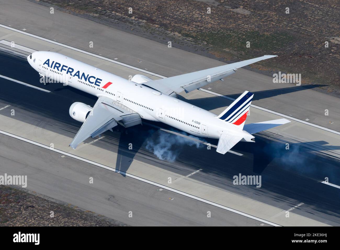 Air France Boeing 777 aircraft landing. Airplane of french airline and 777-300ER model. Air France plane F-GSQI. Widebody airliner. Stock Photo