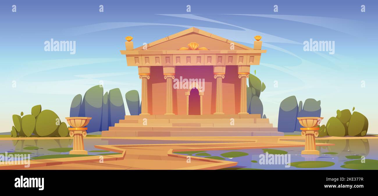 Greek or roman temple building, ancient architecture with columns and pediment. Summer landscape with antique palace with pillars and road through lake, vector cartoon illustration Stock Vector