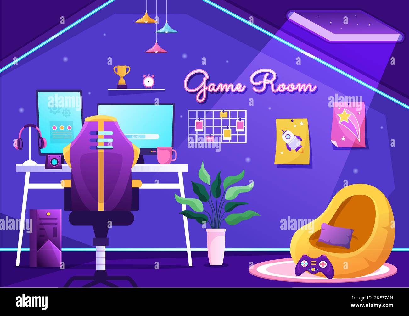 Video Game Room Interior with Android Mobile Computer and Comfortable Armchairs for Gamers in Flat Cartoon Hand Drawn Template Illustration Stock Vector