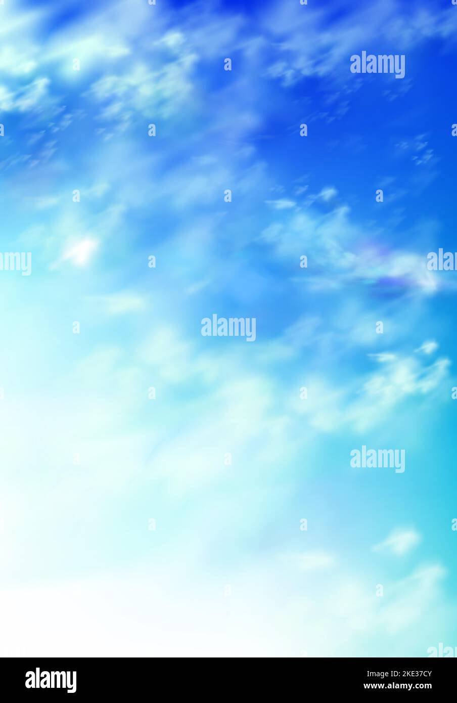 Realistic sky, blue heaven with white soft fluffy clouds abstract natural background. Tranquil cloudscape view, vivid fantasy vertical backdrop, beautiful skyey paradise, 3d vector illustration Stock Vector