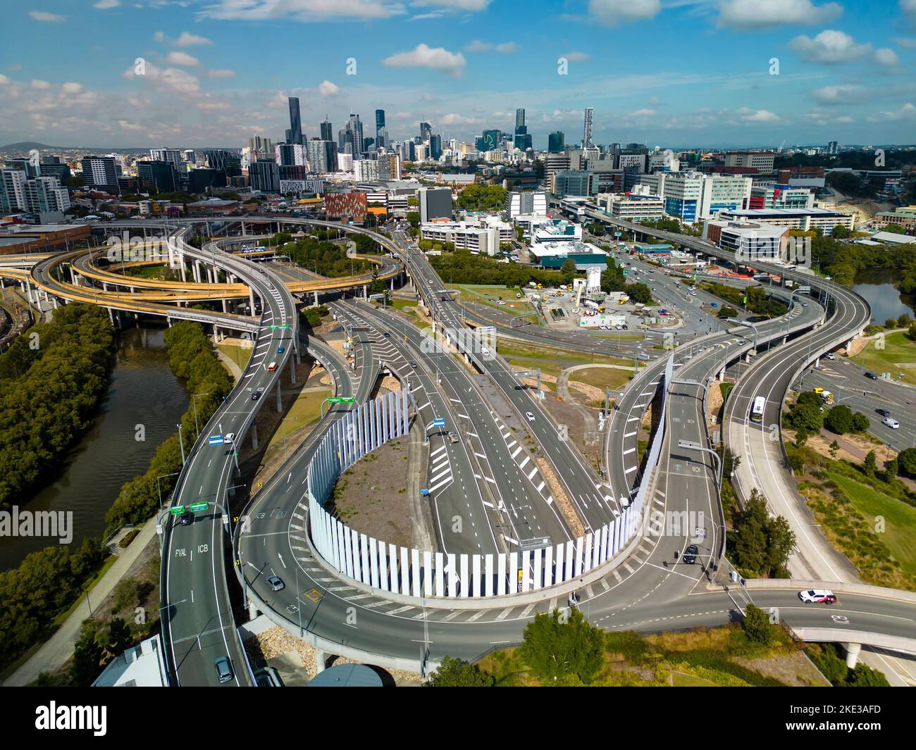 Aerial view of Brisbane city and highway traffic in Australia in daytime Stock Photo