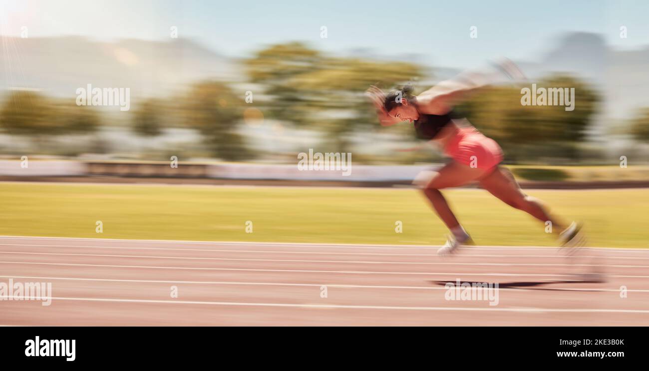 Athlete, exercise and track running with a woman outdoor training for