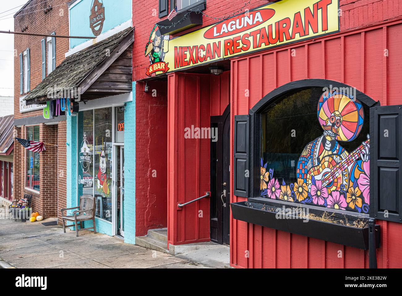 Local restaurants along Main Street in Downtown Clayton, Georgia, a charming small town nestled in the Blue Ridge Mountains. (USA) Stock Photo