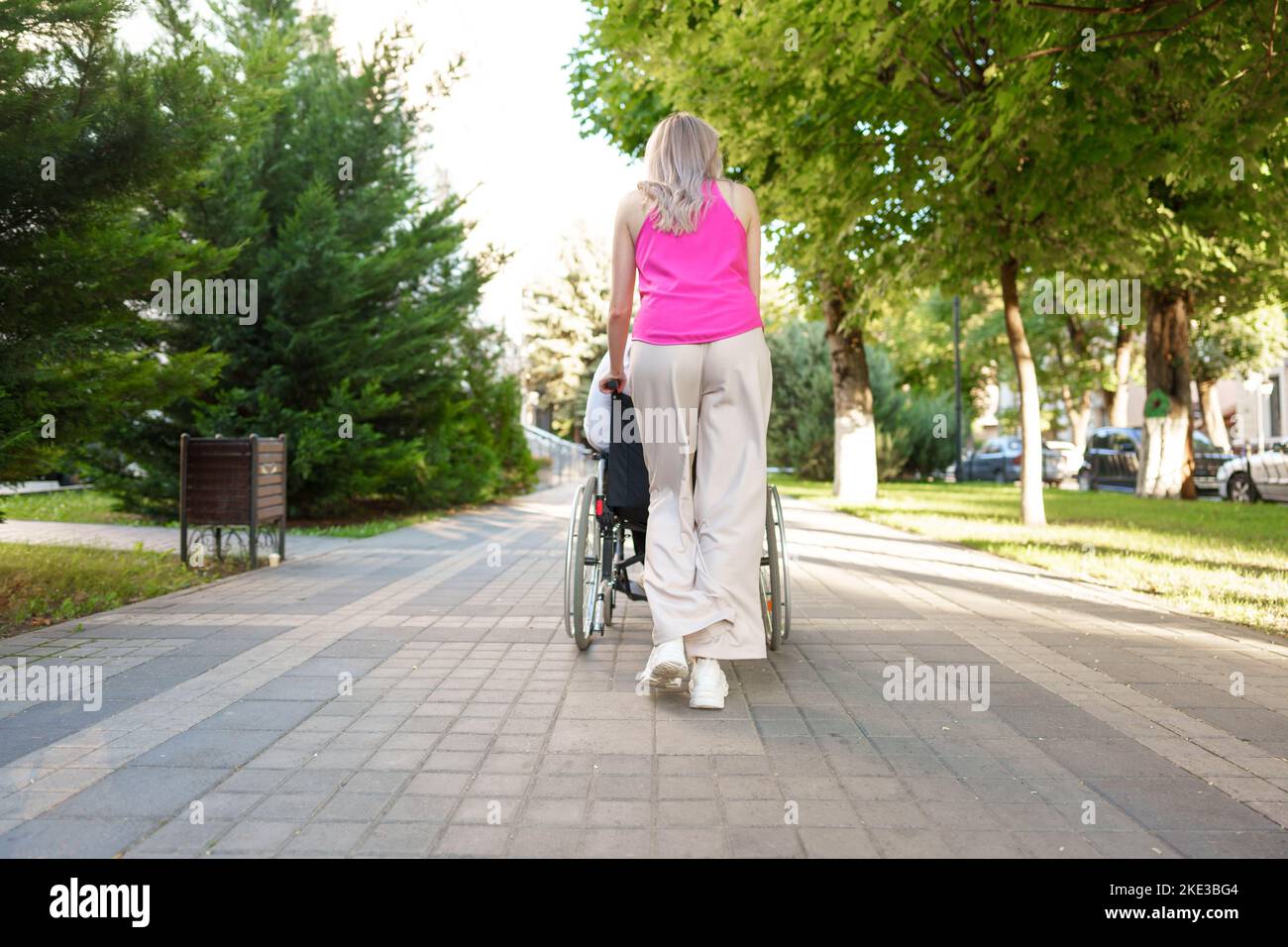 Young female caregiver pushing wheelchair with female person with
