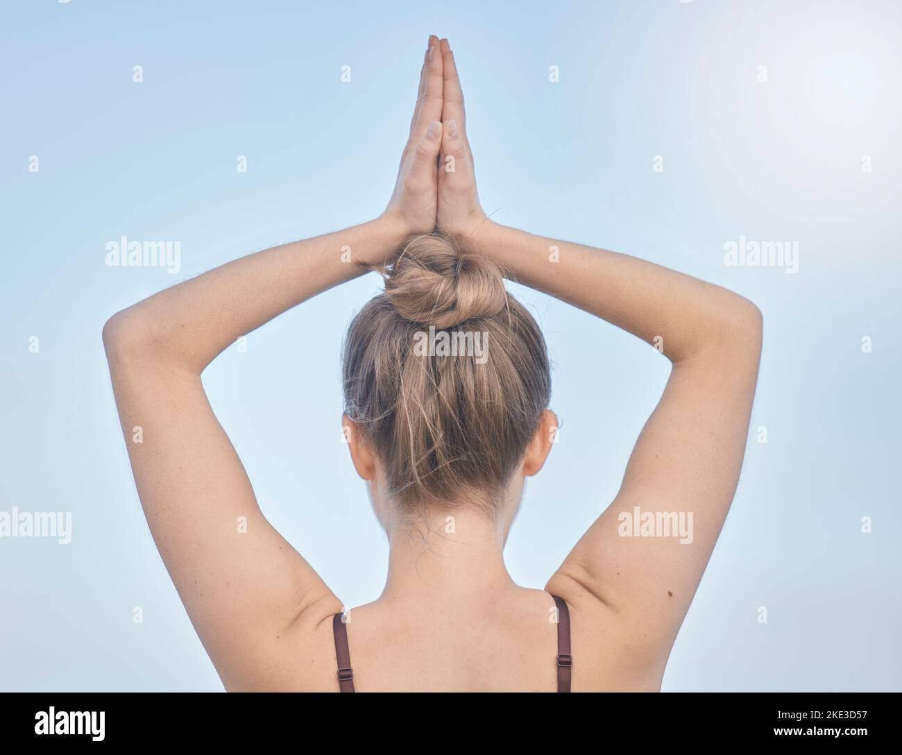 Woman, yoga prayer and hands on head for zen meditation exercise, breathing concentration and soul wellness focus workout. Spiritual health, Buddhist Stock Photo