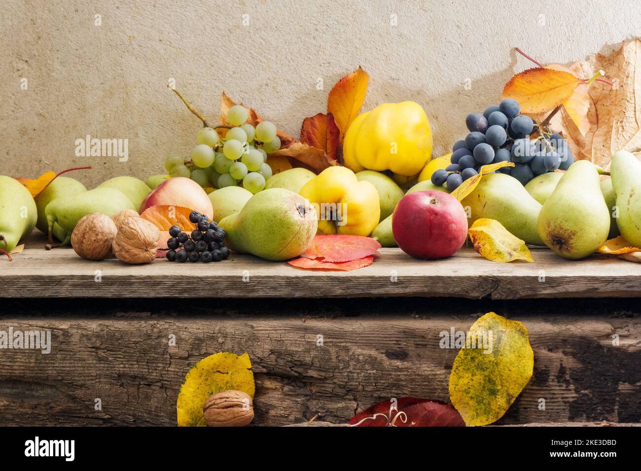 autumn crop on the wooden board. lots of ripe fruits. natural grown food and rural lifestyle Stock Photo
