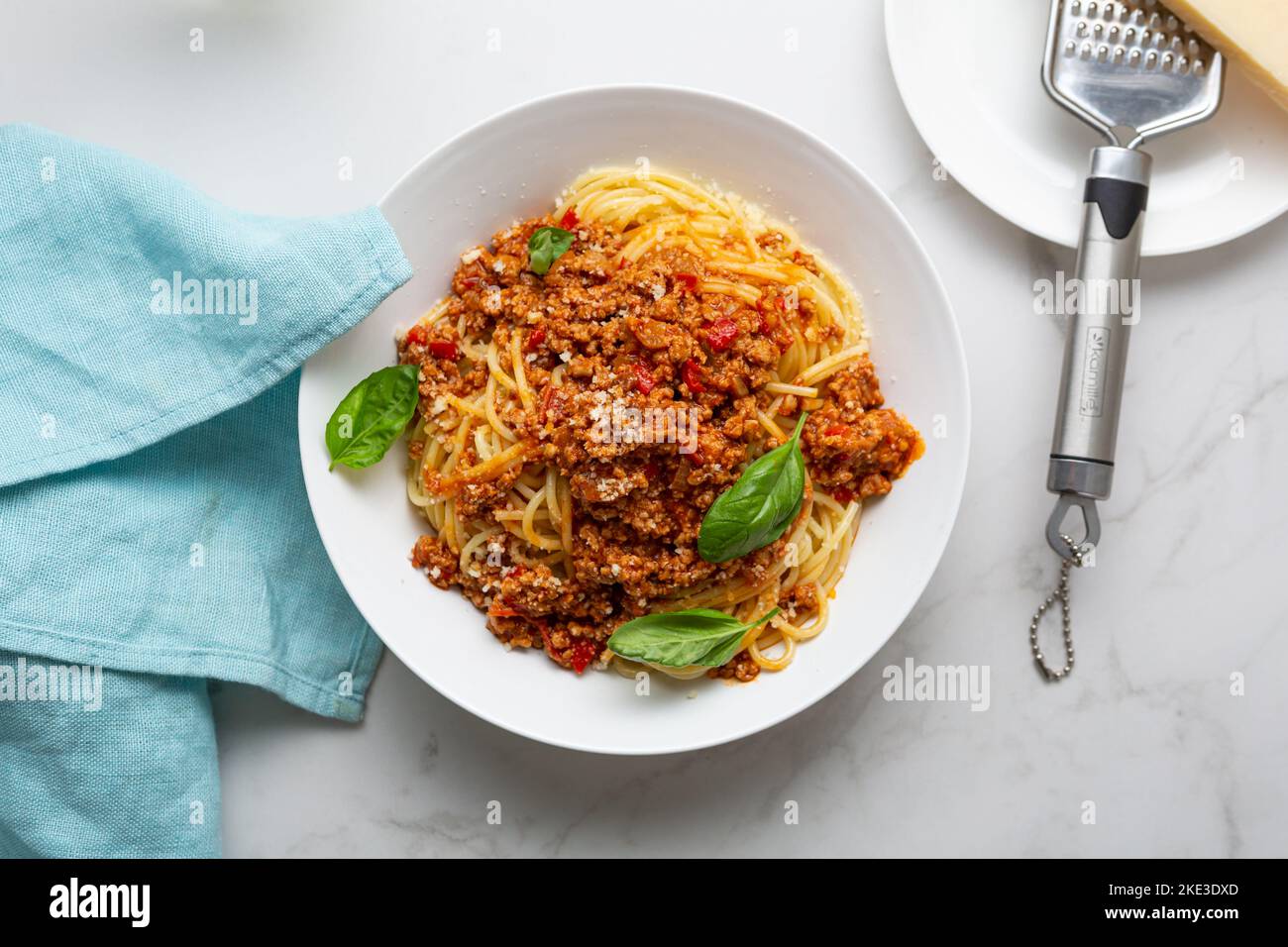 Top view spaghetti with meat sauce and cheese bolognese in bowl food Stock Photo