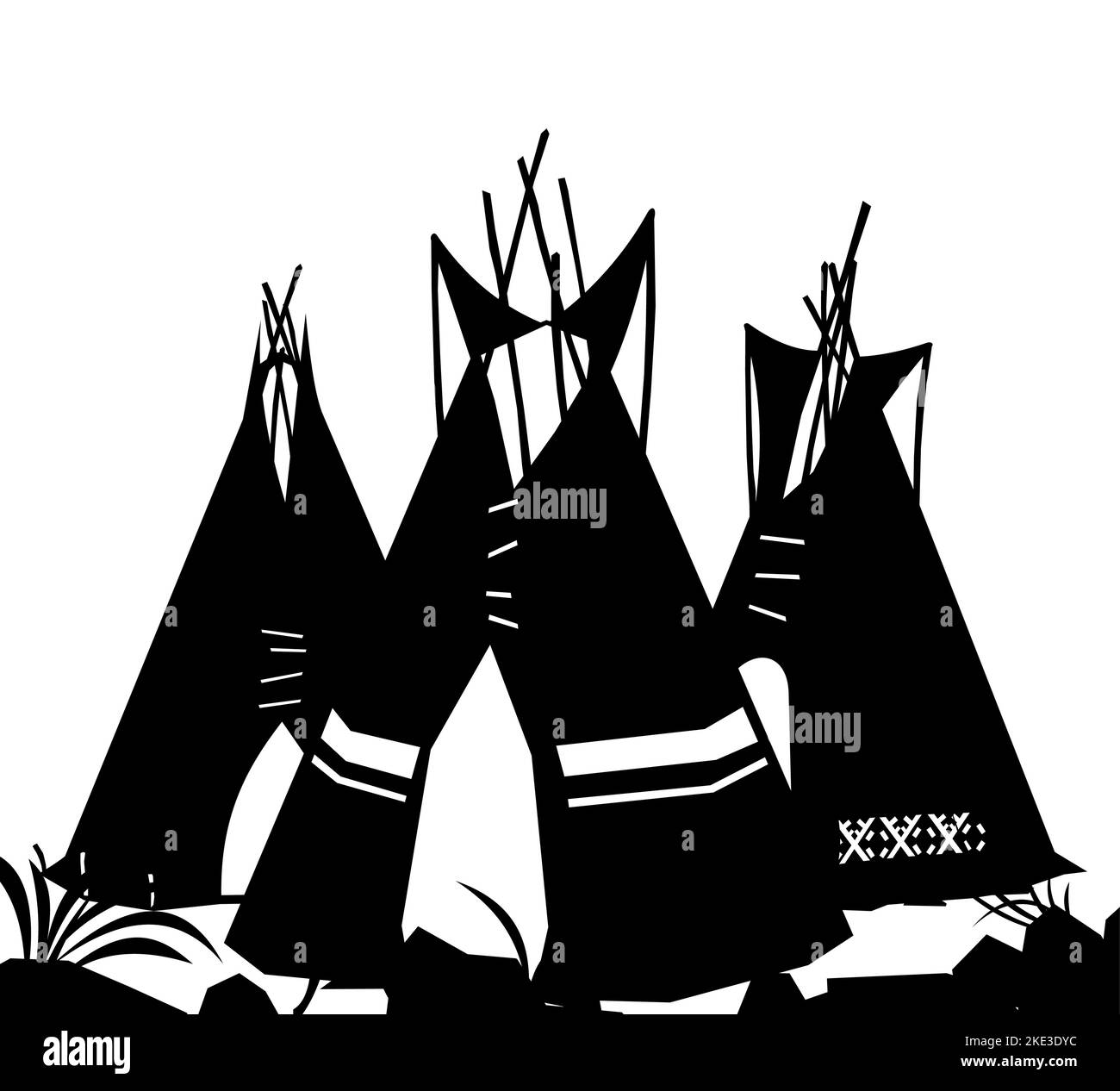 Silhouettes Indians wigwam hut made of felt and skins. Small tribe village. North American tribal dwelling. Traditional home of nomadic peoples. Isola Stock Vector