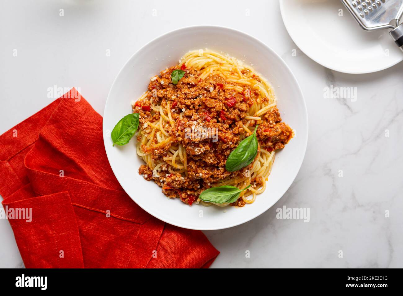 Top view pasta with meat sauce and cheese bolognese in bowl food Stock Photo