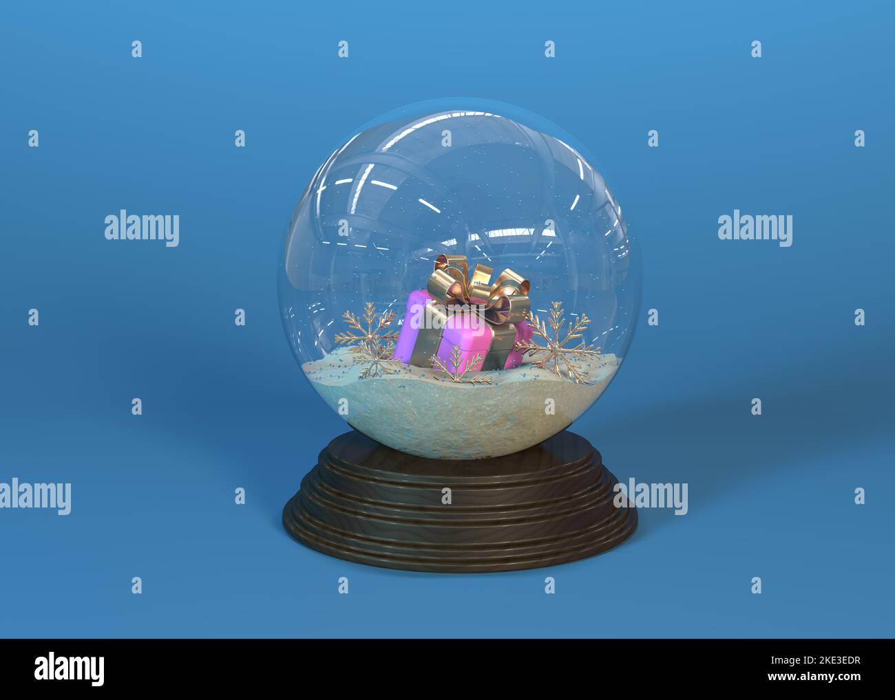 Snow globe with falling snowflakes and gift. Realistic transparent