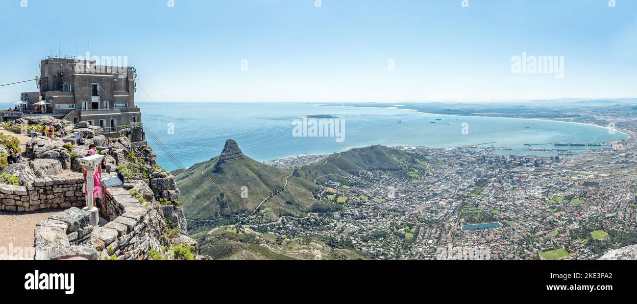 Cape Town, South Africa - Sep 14, 2022: Panorama of the top cable station on Table Mountain, Lions Head, Cape Town city centre and Robben Island Stock Photo