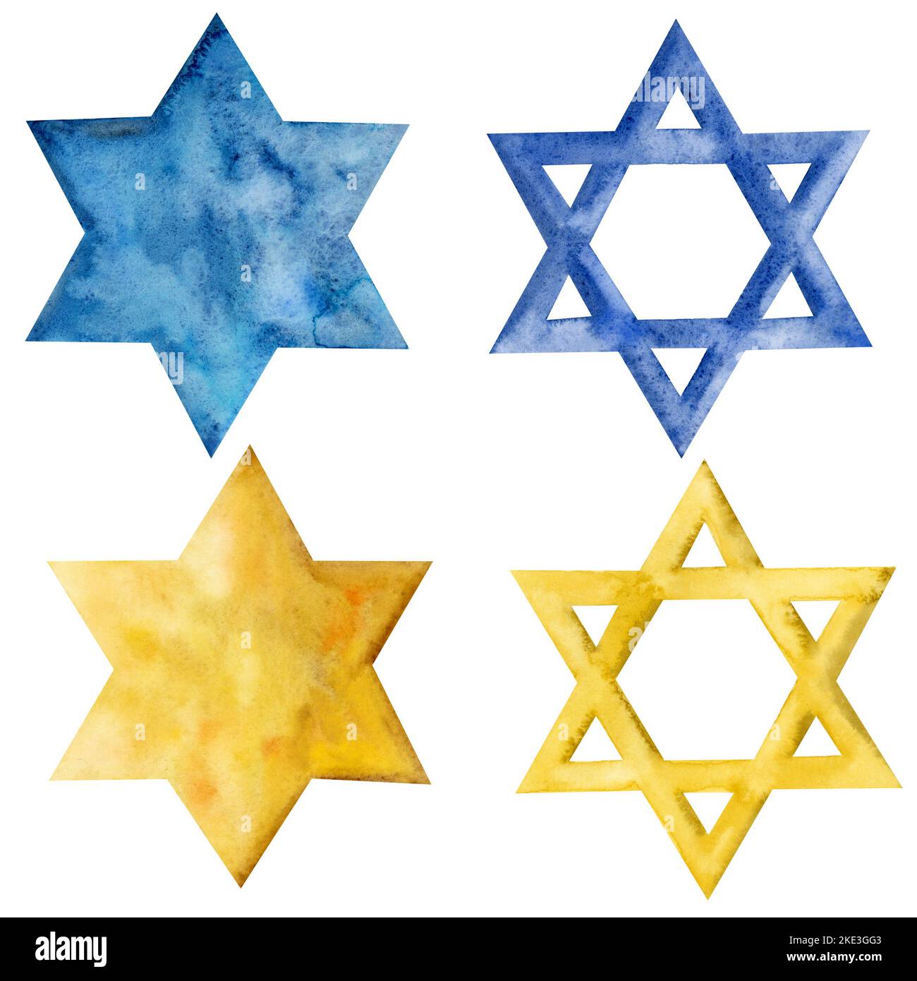 Star of David watercolor illustrations. Set of 4 Magen David in blue and gold yellow colors on white background. Six pointed hexagram geometric figure Stock Photo