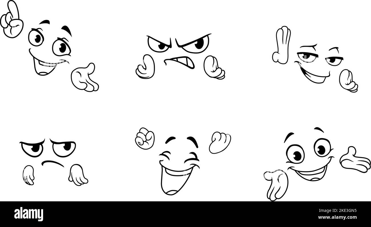 Cartoon facial expressions and hand gestures line art set Stock Vector