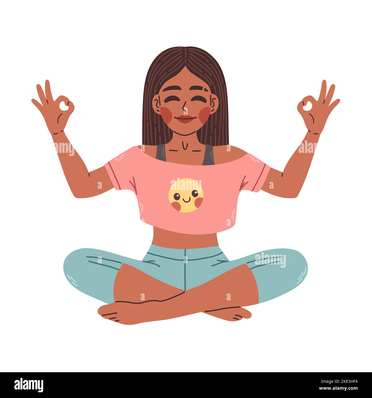 Young black woman sitting in yoga lotus pose. Meditating girl ...