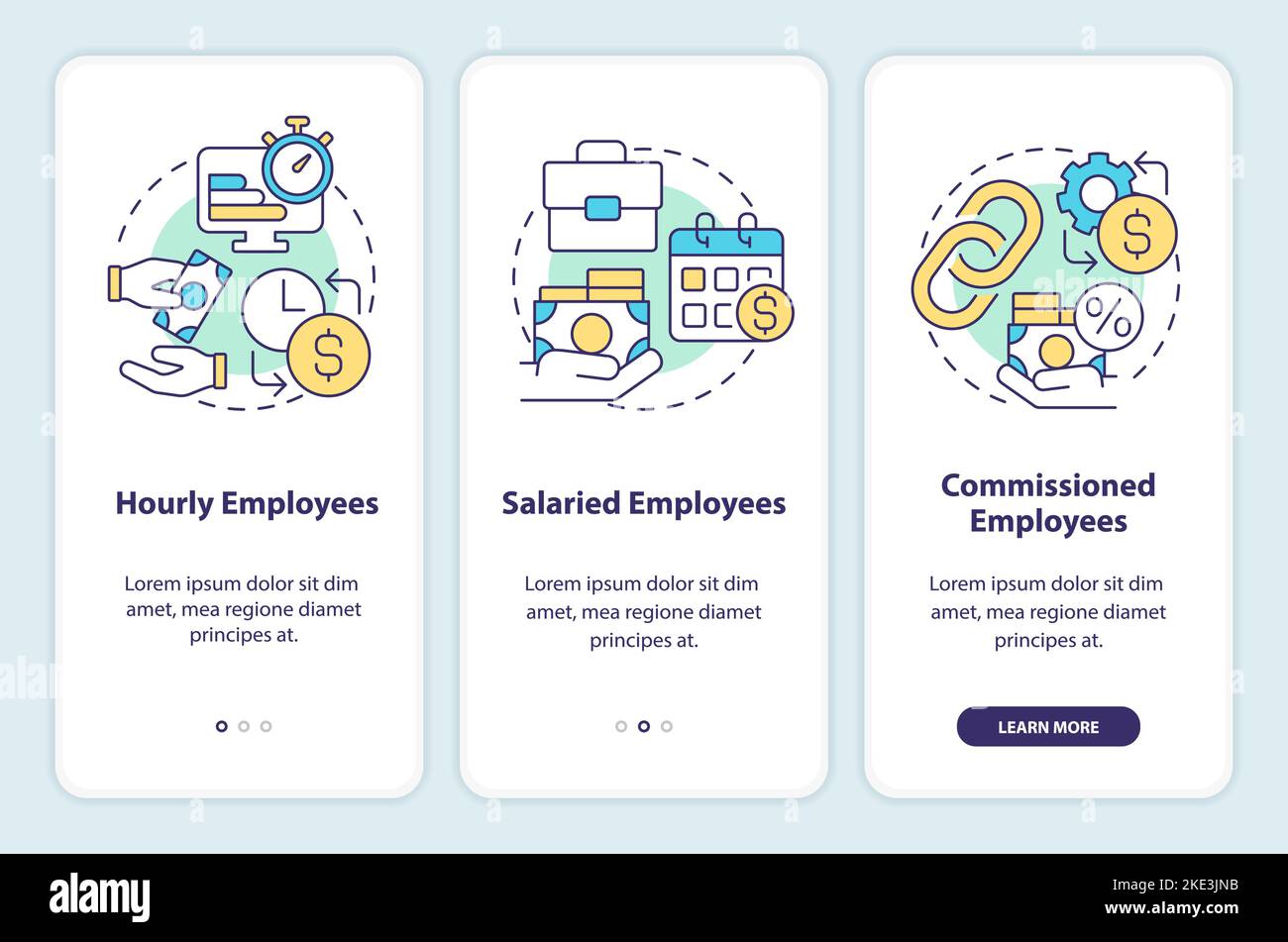 Payroll processing methods onboarding mobile app screen Stock Vector