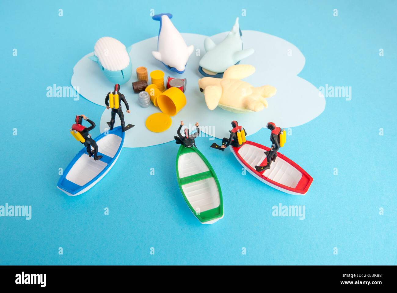 Miniature toys -  Top view toxic waste dumped to the sea, resulted in marine life destruction and ocean pollution concept. Stock Photo
