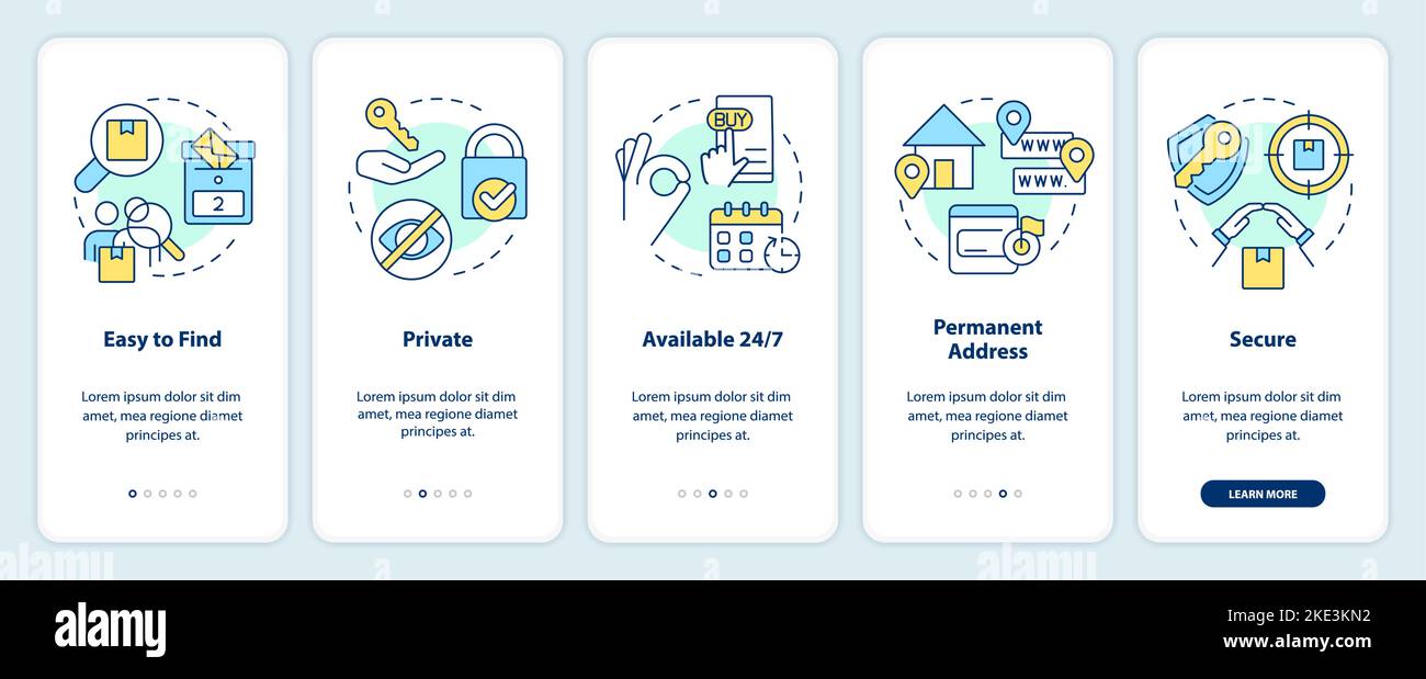 Using post office boxes benefits onboarding mobile app screen Stock Vector