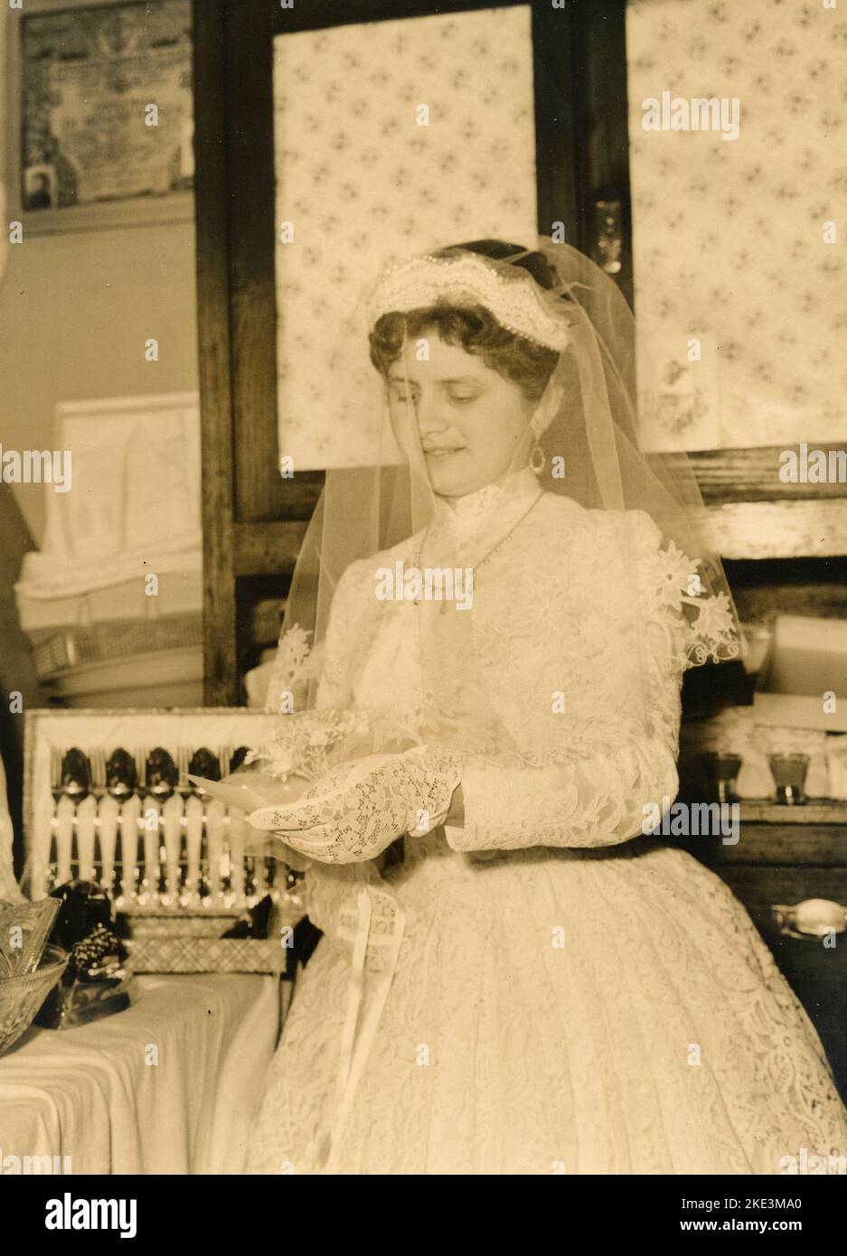 Wedding in a village in central Italy: The Bride at home with the presents, 1950s Stock Photo