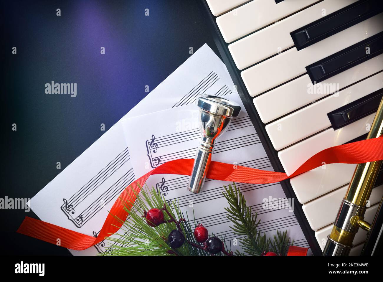 Christmas musical concert concept with piano and wind instruments with
