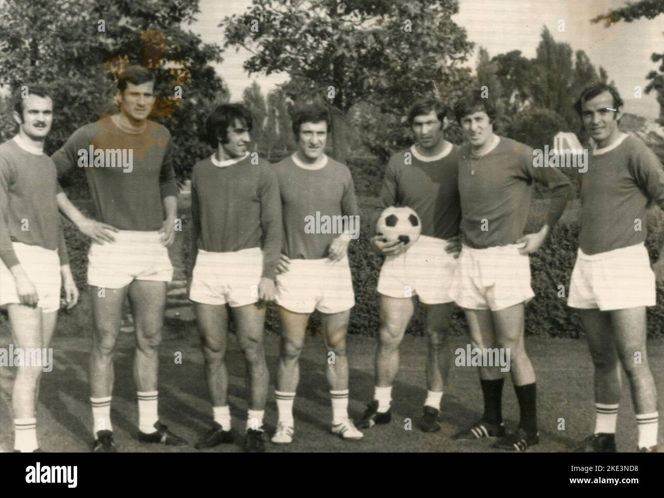Italian football players from left: Mazzola, Facchetti, Anastasi, Bedin, Burgnich, Rosato and Corso before training, Coverciano, Italy 1970s Stock Photo