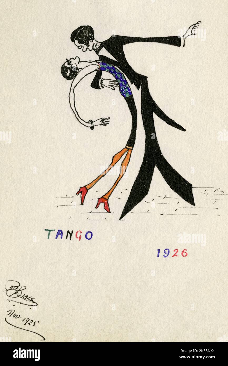 It Takes Two … ‘Tango 1926’ cubist-style watercolour depiction of tango dancers, drawn, painted and signed in November 1925 by British artist R. Biass - perhaps as his prediction of how extreme the South American dance craze might soon become.  An ultra-slim 1920s woman contorts herself into an almost perfect curve as her male partner, in black tie evening attire, clasps her loosely around the waist. Stock Photo