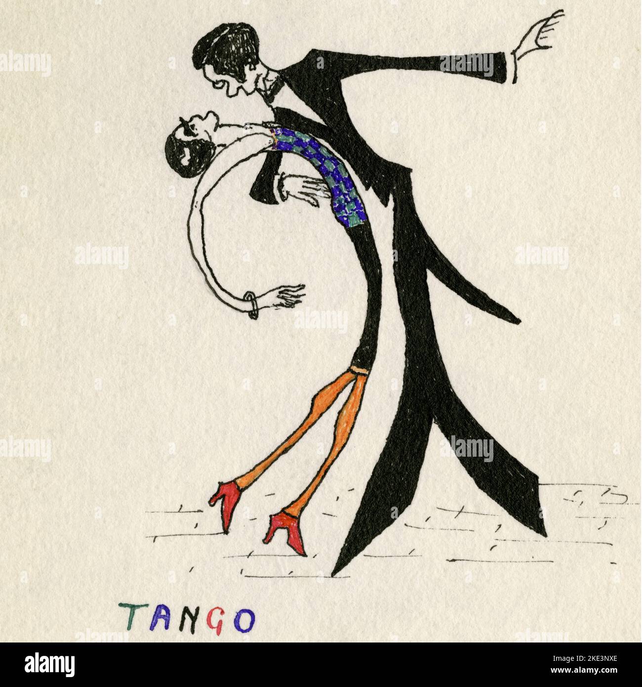 Extremely slim extreme tango: square format detail of ‘Tango 1926’, a cubist-style watercolour depicting an ultra-thin couple throwing a curvy shape as they tango the night away, drawn, painted and signed in November 1925 by British artist R. Biass, perhaps as his prediction of how the South American dance craze might develop. Stock Photo