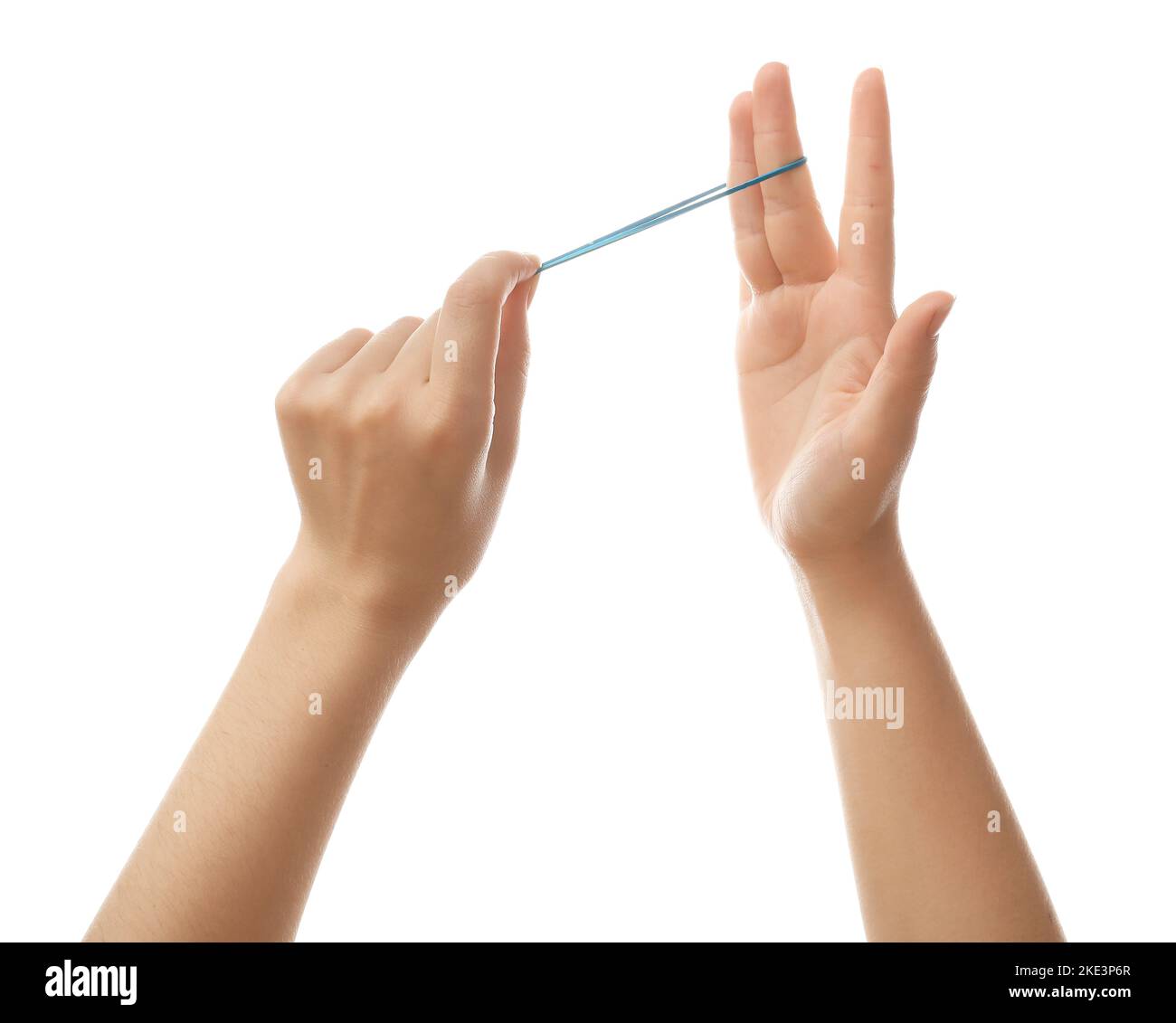 Woman with blue rubber band on white background Stock Photo - Alamy