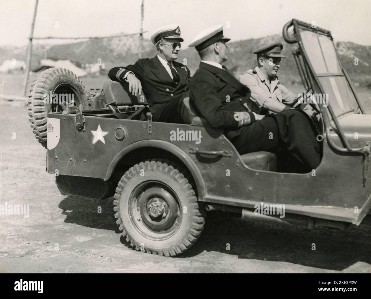 British Admirals Sir Guy Russell and Alan Scott-Moncrieff, and Major General A.J. Cassels visiting the Commonwealth Division in Korea, 1951 Stock Photo