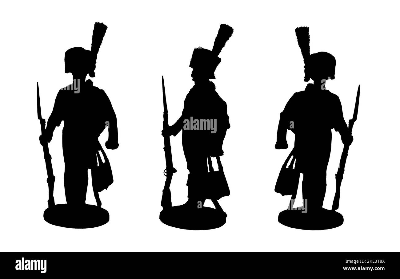 French soldier on guard. Napoleonic War. Silhouette drawing. Stock Photo