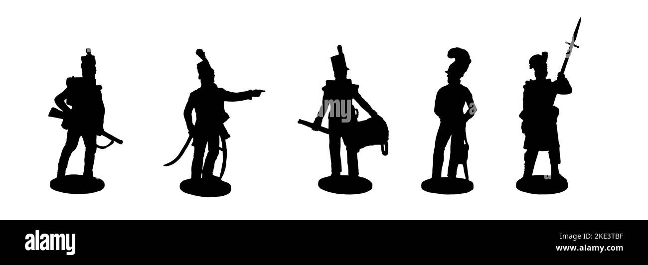 English and Scottish soldiers and officers. Historical figures. Silhouette drawing. Stock Photo