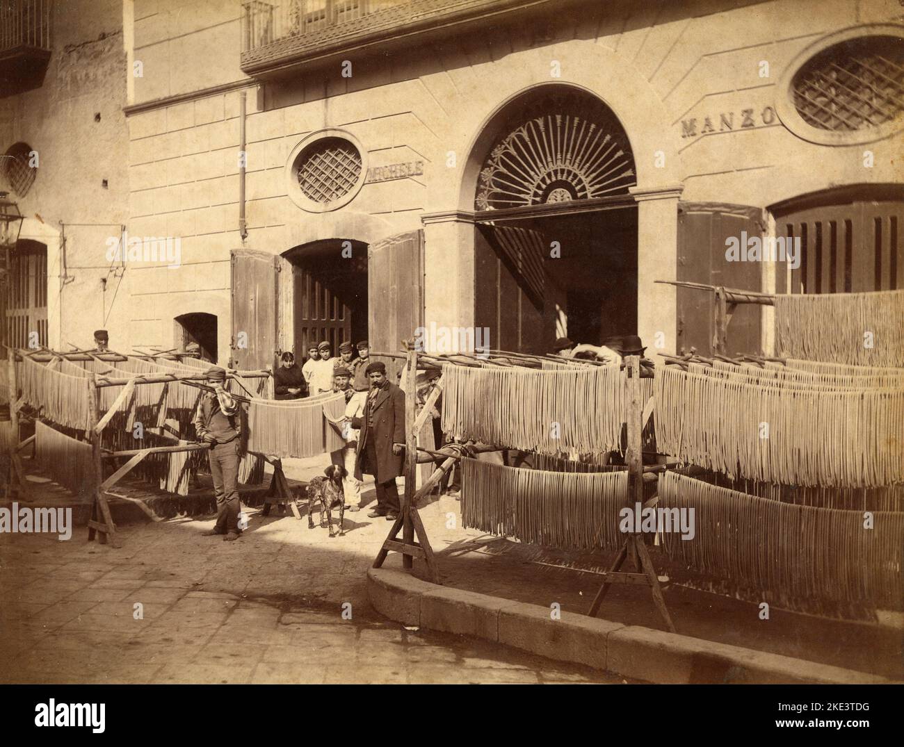 Macaroni hanging outside to dry in the sun at the pasta factory, Naples