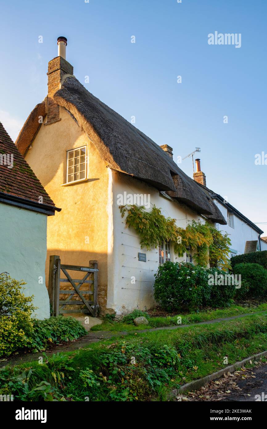 Thatched cottages along the high street in autumn. Long Crendon, Buckinghamshire, England Stock Photo