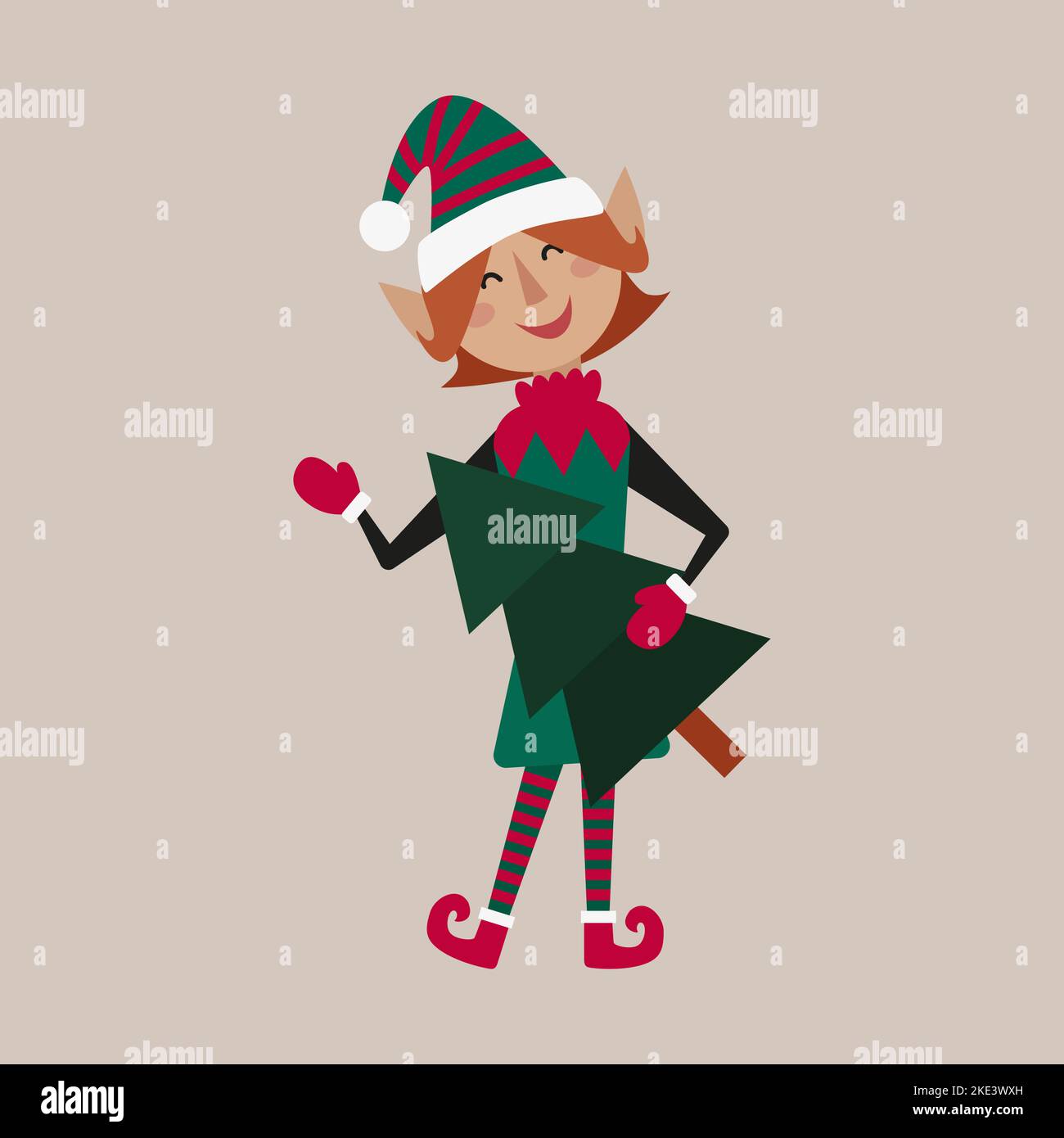 Christmas fairy tale character elf holding a Christmas tree in his