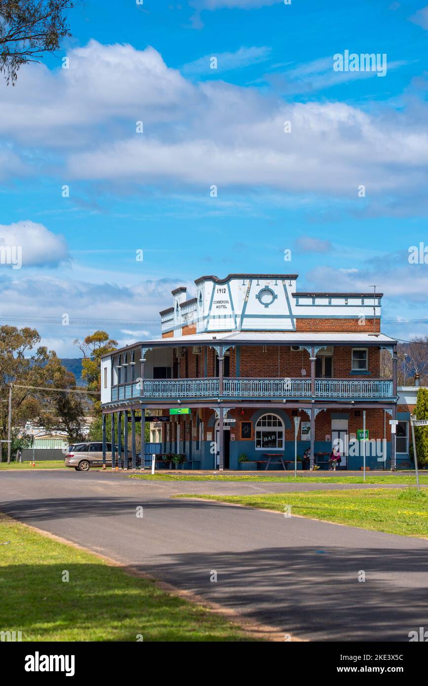 The largest building and the only pub/hotel in the tiny town of Curlewis, New South Wales, Australia, the Commercial Hotel was first opened in 1912 Stock Photo