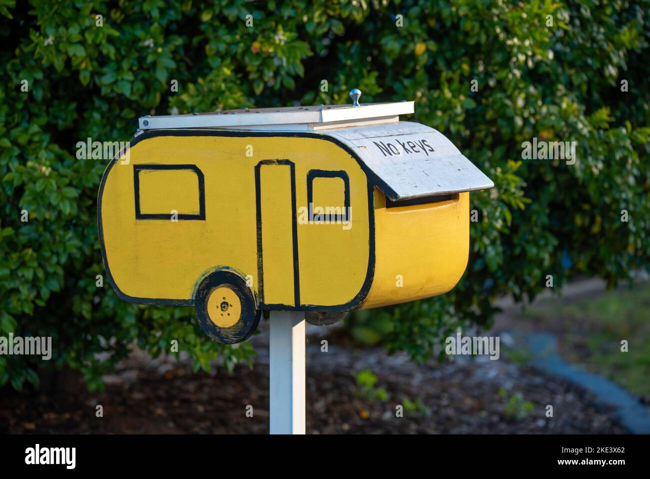 The cute caravan shaped letterbox at the entrance to the Big Sky Caravan Park in Narrabri, New South Wales, Australia Stock Photo